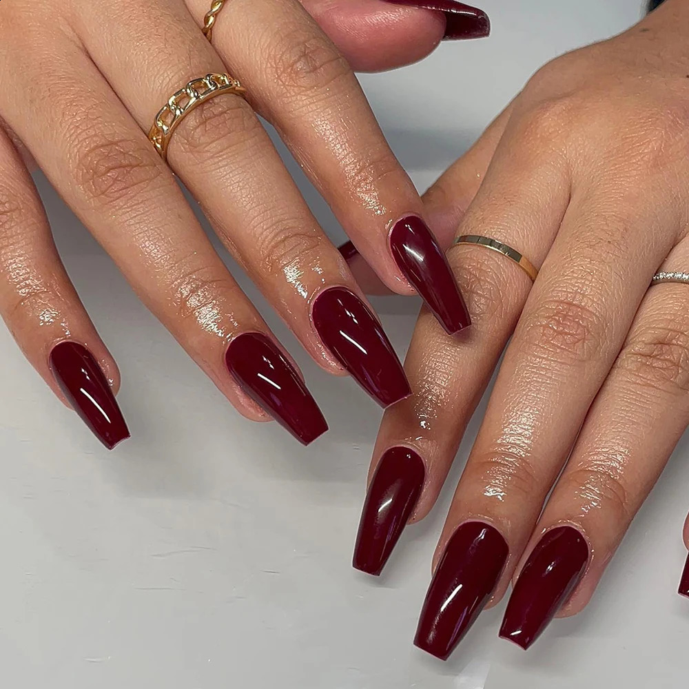 24pcs long false nail cherry color ballet nail sexy simple cats eye bright press on nail reusable suitable for women 241223