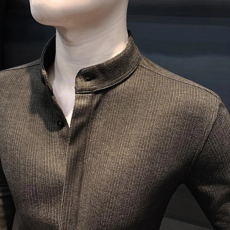 Spring Autumn Stand Collar Casual Fashion Woolen Shirt Male Long Sleeve Solid Color Buttons Business Bottomed Blouse Top Men 241223