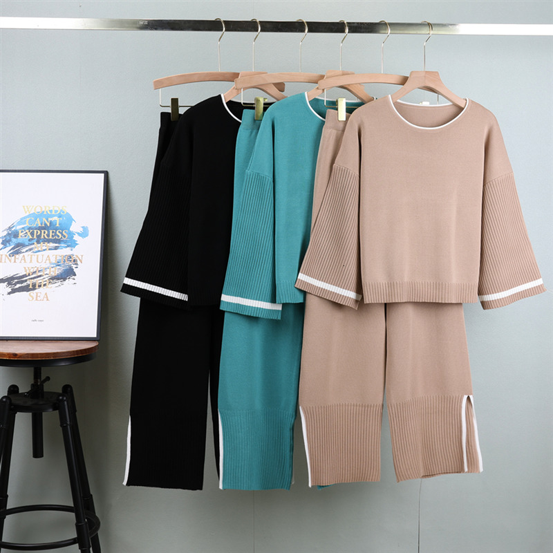 Women Pullovers Pant Set Casual Sweater Suits Knitted Loose Elegance Long Sleeve Tops Autumn Winter Elastic