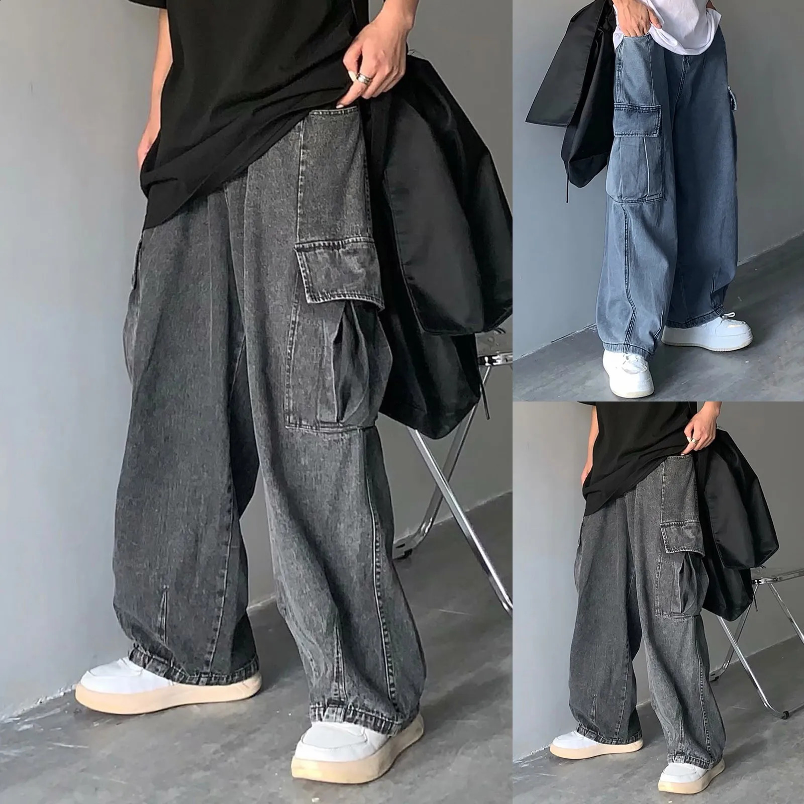 Mens Retro Jeans 2024 Fashion Casual Loose Wide Leg Large Size Pocket Cargo Denim Wash Daddy Pants Straight Fit Trousers 241223