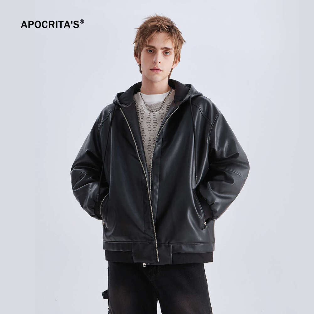 Wear Hooded Cotton Jacket Winter High End Trendy Thickened Warm Loose Zipper Leather Men's Coat