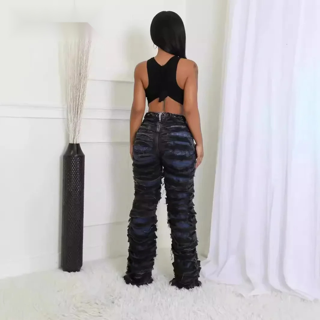 Street Denim Women Ripped Out Striped High Waist Zipper Jeans Fall Trousers Streetwear Straight Party Pants