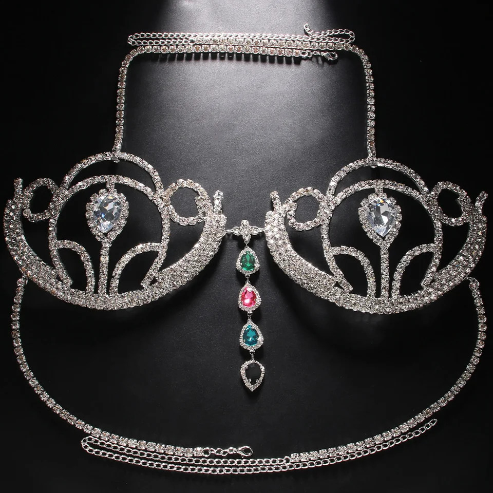 Sexy Nightclub Bikini Crystal Nipple Piercing Chain Full Chest Chain Rhinestone Body Chain Bra Women 241220