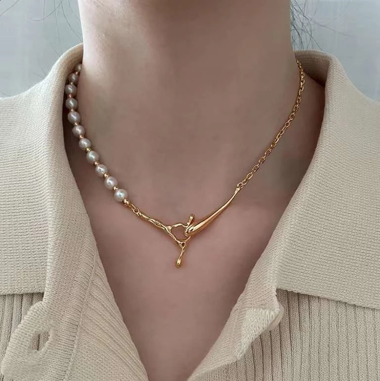 Gold and Silver Two Color Y Tree Branch Necklace 5-6MM Natural High-quality Freshwater Pearl Necklace Womens Pearl AB Chain 241220