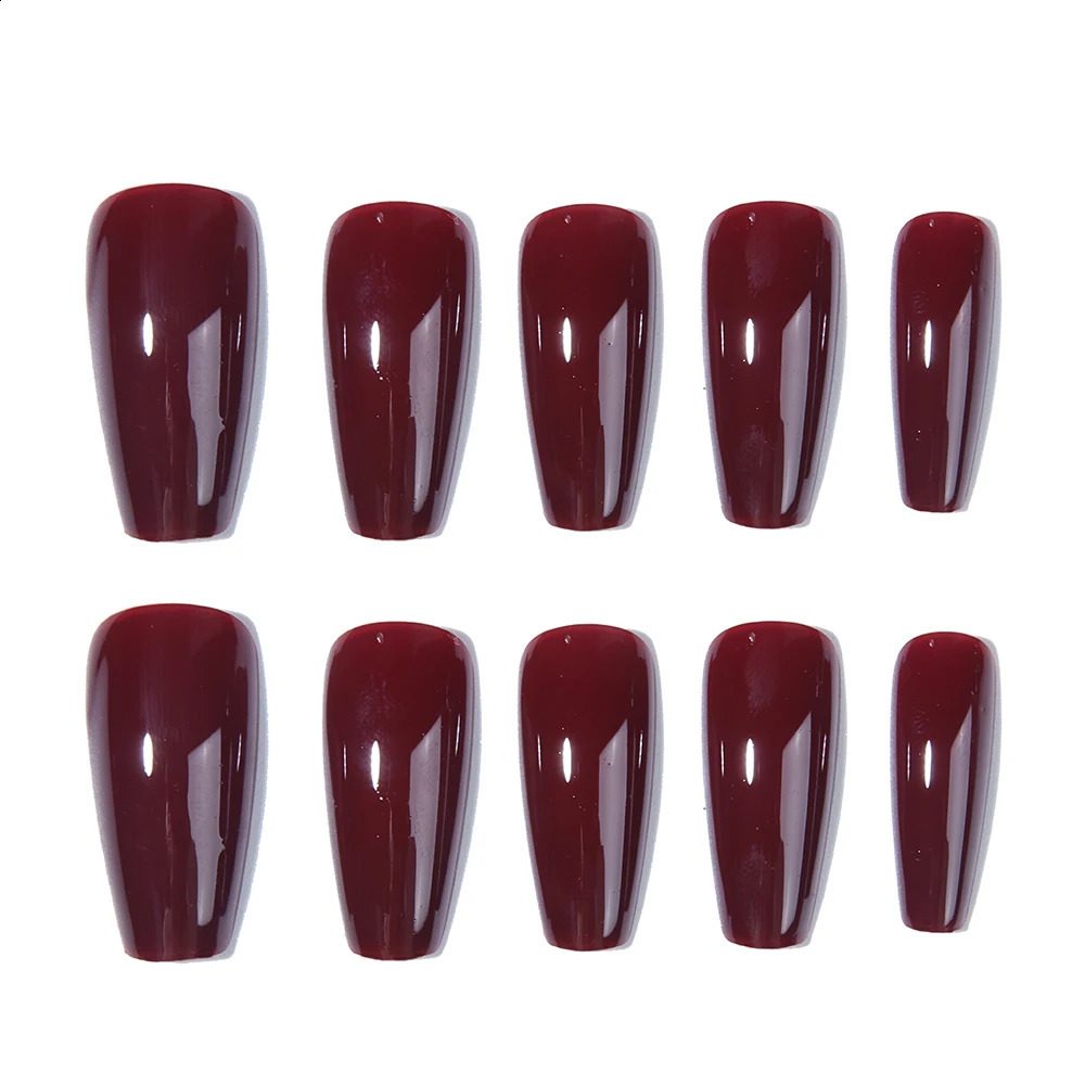 24pcs long false nail cherry color ballet nail sexy simple cats eye bright press on nail reusable suitable for women 241223