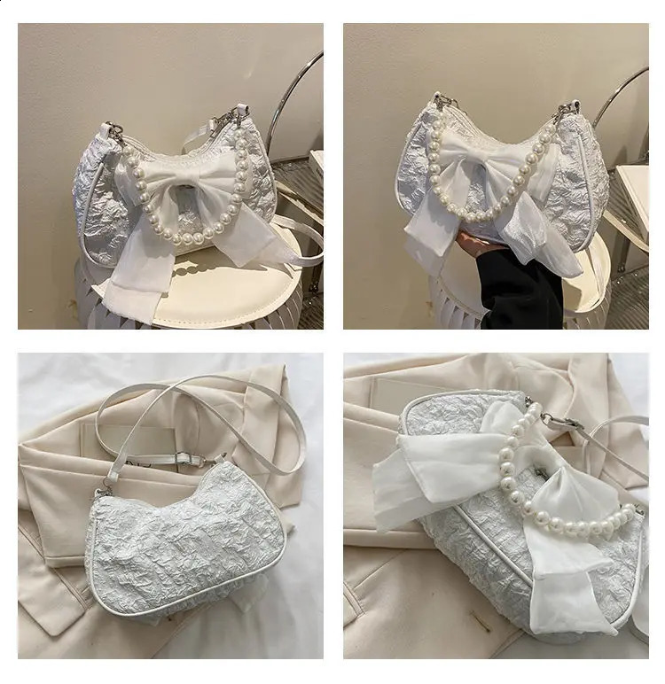 Fashion Pearl Chains Female Shoulder Messenger Bag Sweet Bow Ladies Crossbody Bags Flower Pattern Women Square Handbags 241223