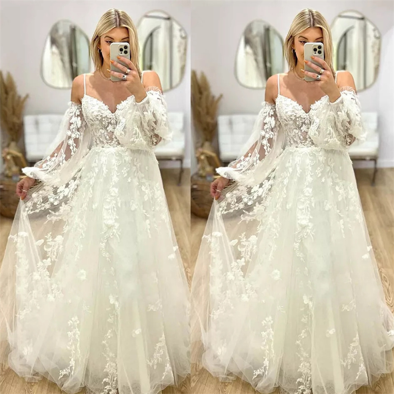 Gorgeous Boho Lace Wedding Dresses Spaghetti Straps Long Sleeve Lace Country Tulle Bridal Gowns Celtic A Line Robe De Mariage 2025 Vestio De Novias Bo
