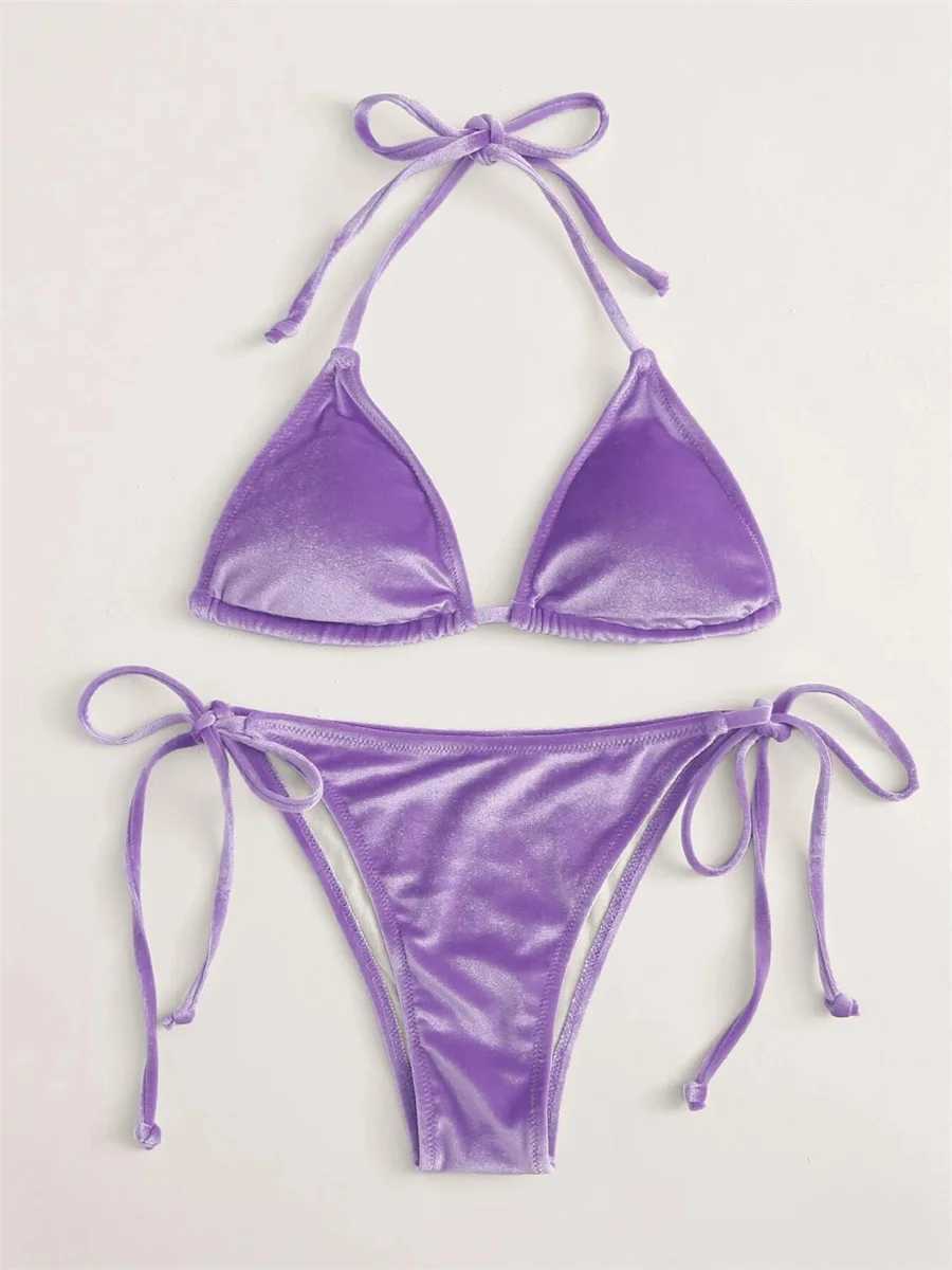 Sexy Triangle Bikinis Set Women 2024 Solid Pink Criss Cross Velvet Swimsuit Luxury Rhinestone Bathing Suit Metal Swimwear Y2KXJ241223