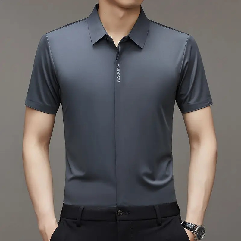 Summer Smart Casual Short Sleeved Mens Shirt Mens Solid Square Neck Button Embroidered Letter High End Wrinkle Resistant Tops 241223