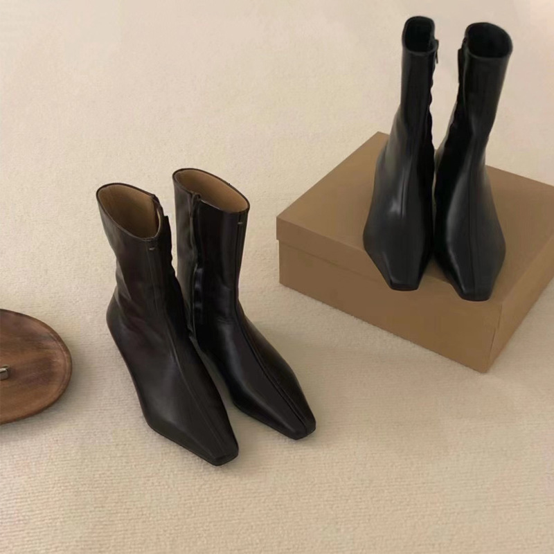 Cowhide Edition~Small Square Head Low Women's French Short Genuine Leather Cat Heel Thin Boots