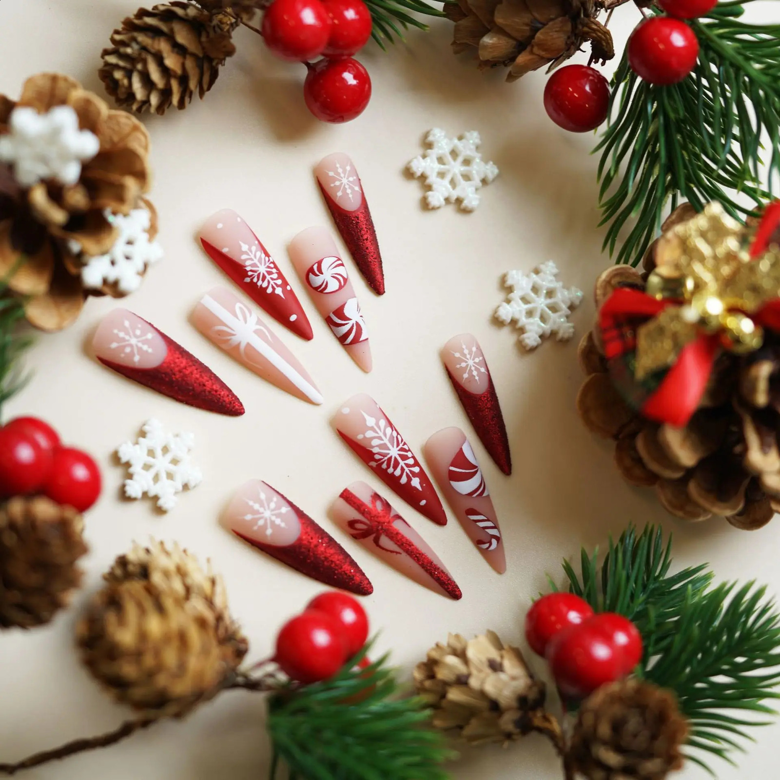 24pcs Christmas Fake Nails Long Stiletto Press On Acrylic Nails Almond Glitter Red French False Nails White Snowflake Wearable 241223