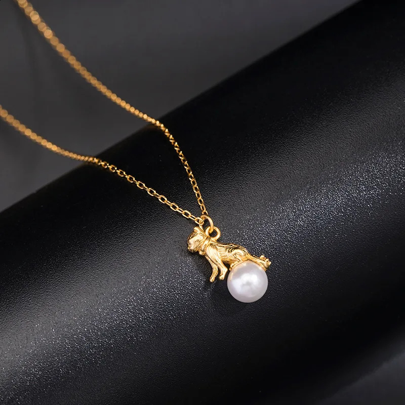 925 Sterling Silver Cat Pearl Gold-plated Pendant Necklace Fine Jewelry For Women Cute Kitten Necklaces Trendy Unique Gift Party 241220