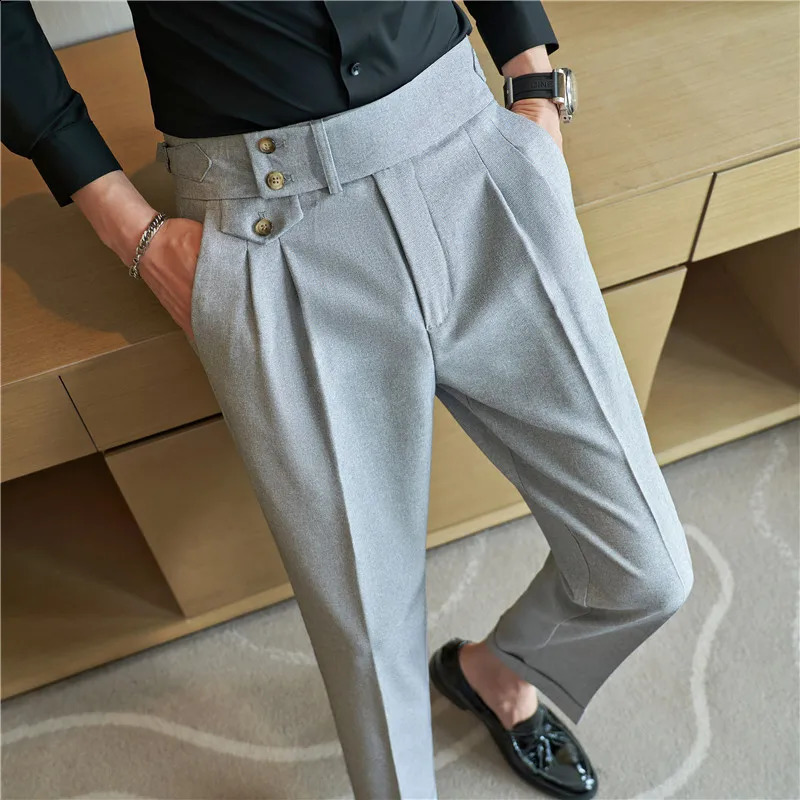 British Style Pants Men High Waist Belt Casual Slim Formal Office Dress Pant Men Social Wedding Party Dress Suit Trousers i241223