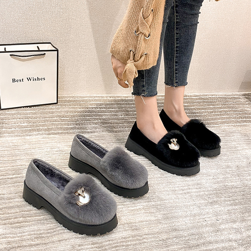 cozy rabbit fur flats 84ee8 rhie buckle plush moccasins crystal furry New loafers women winter cotton shoes ry
