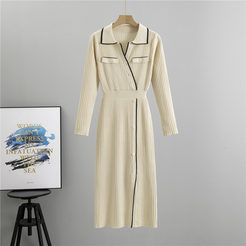 new Autumn New Women's Knitted Fashion Flip Collar Single Breasted Long Sleeved Slimming Temperament Dress