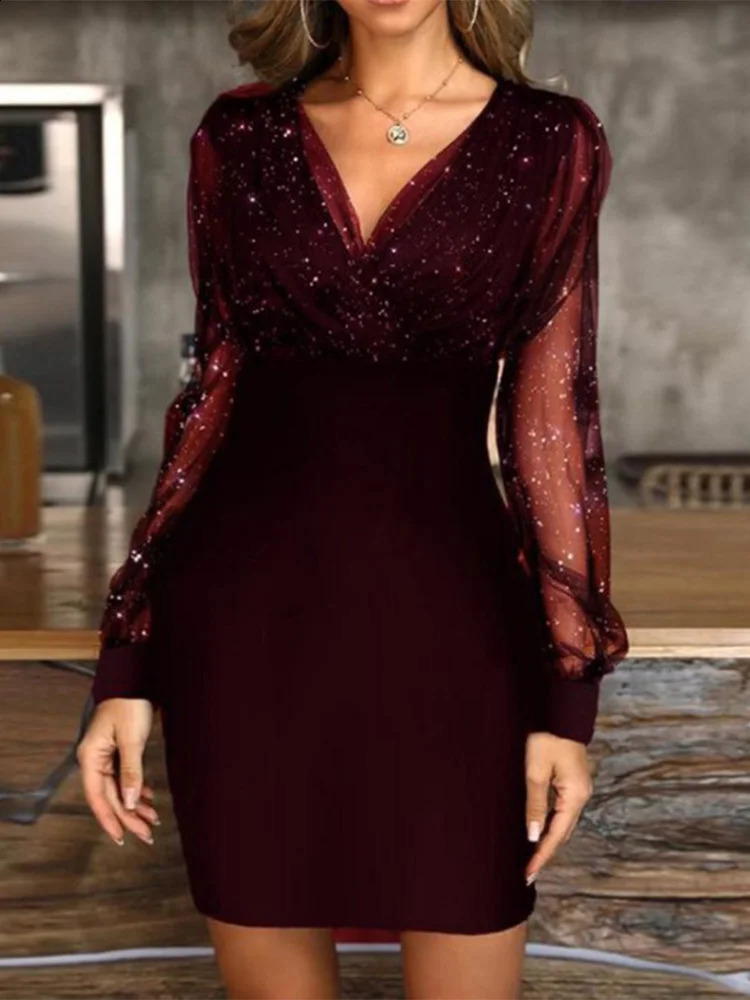 Sexy V-neck See Through long sleeved dress for womens spring and autumn party mini dress Vestdos cortos 241223