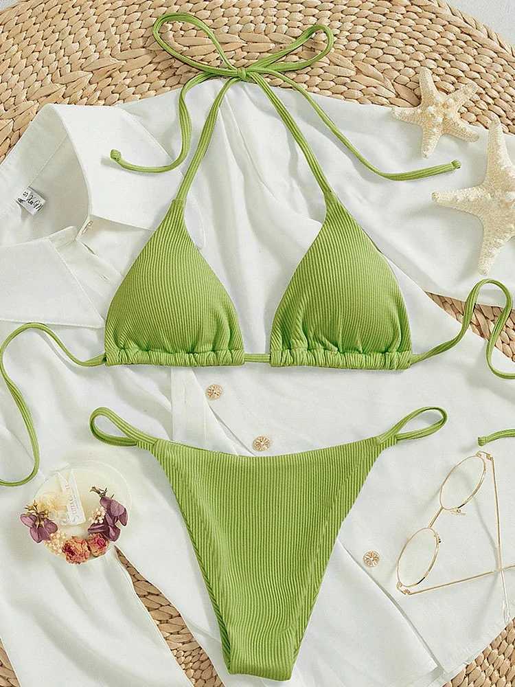 OIINAA Bathing Suit Women Sexy Solid Halter Swimsuit Special Stripe Fabric Bikini Set Drawstring Lace Up Two-piece Split BiquiniXJ241223