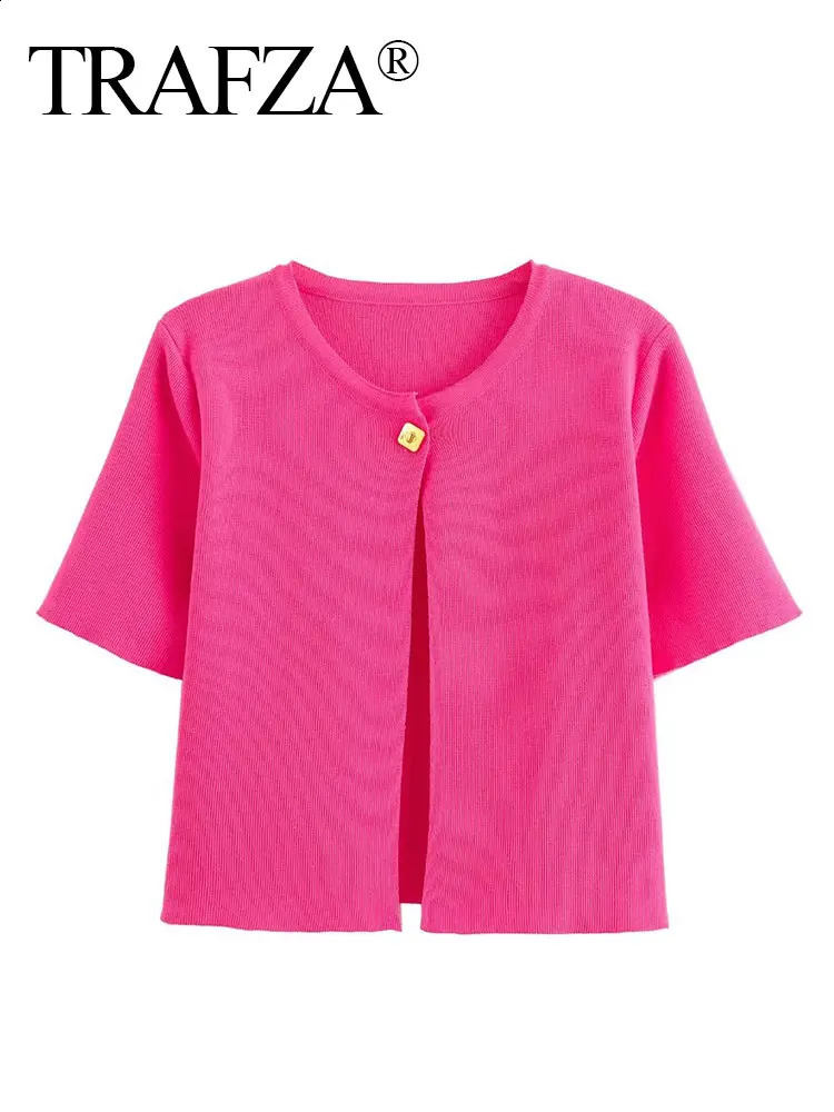 TRAFZA Womens Elegant Solid Cardigan Jacket Short Sleeve Metal Button Thin Knitted Womens Y2K Cut Top 241223