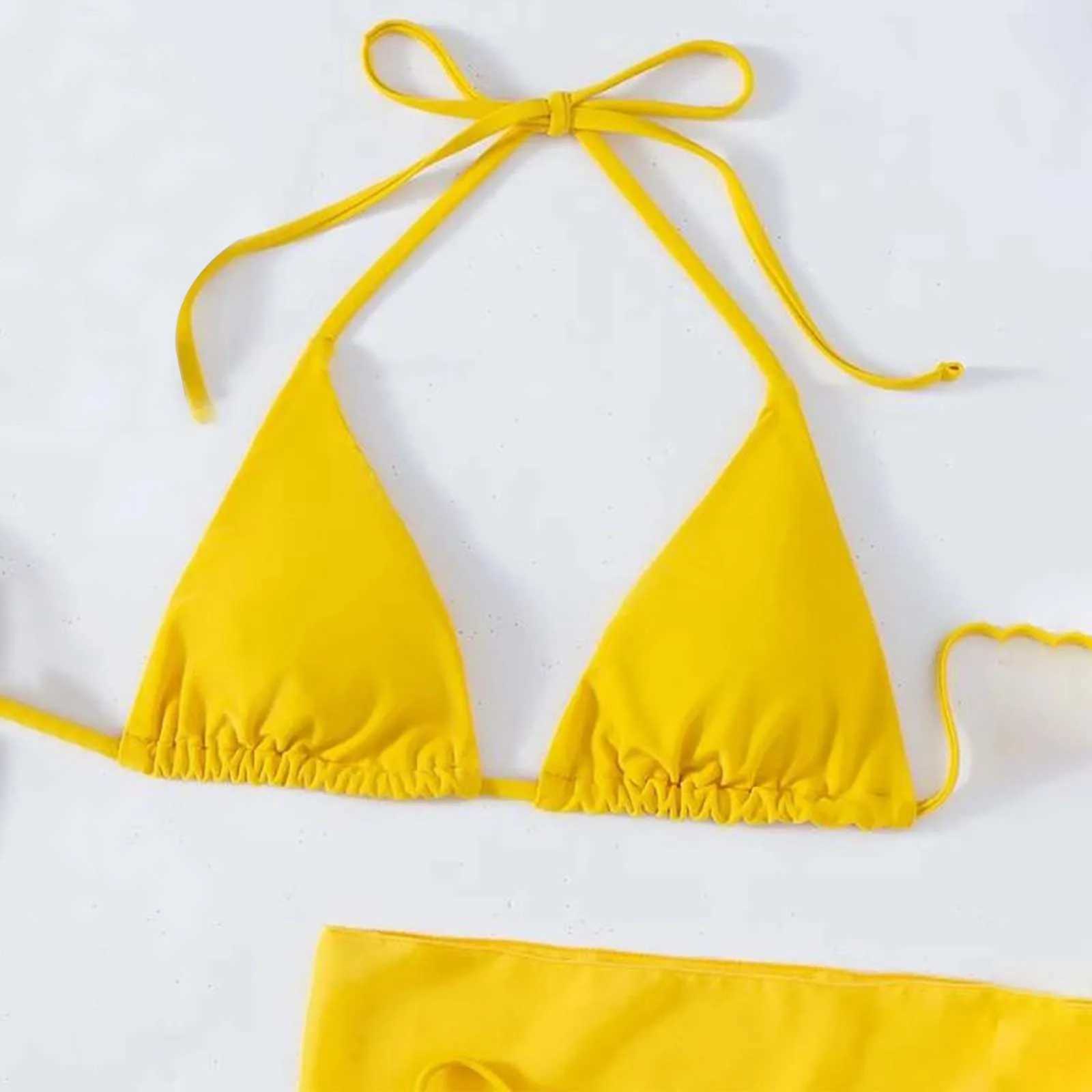 WomenS Solid Halter Backless Bikinis Set Sexy Triangle Cup Lace Up Bikini Top With Bottoms Swimsuit Cover Up 3 Piece SwimsuitXJ241223