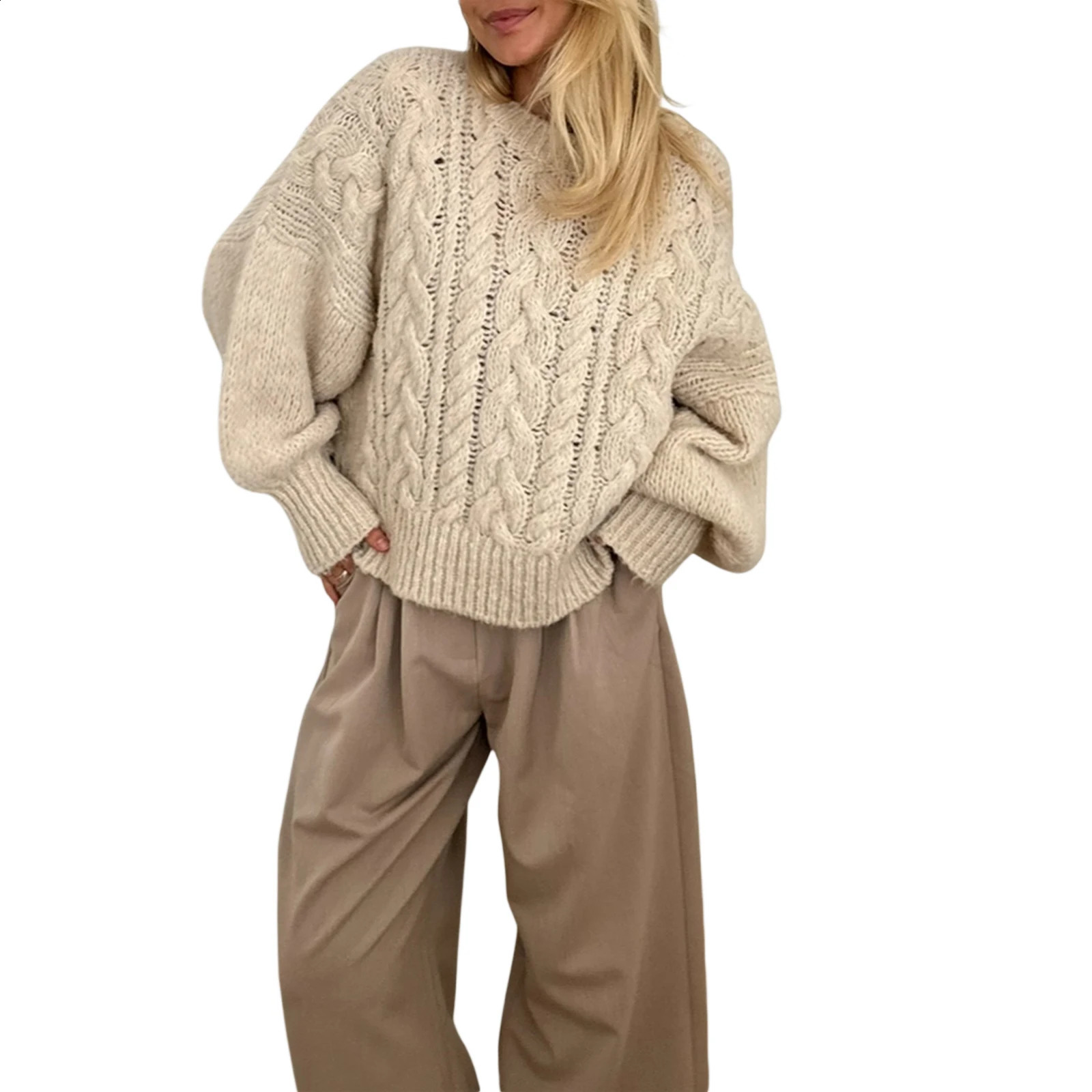 Long Sleeve Jumpers Knitwear Round Neck Solid Color Pullovers Knit Tops Womens Cable Knit Sweaters Fashion Female 241223