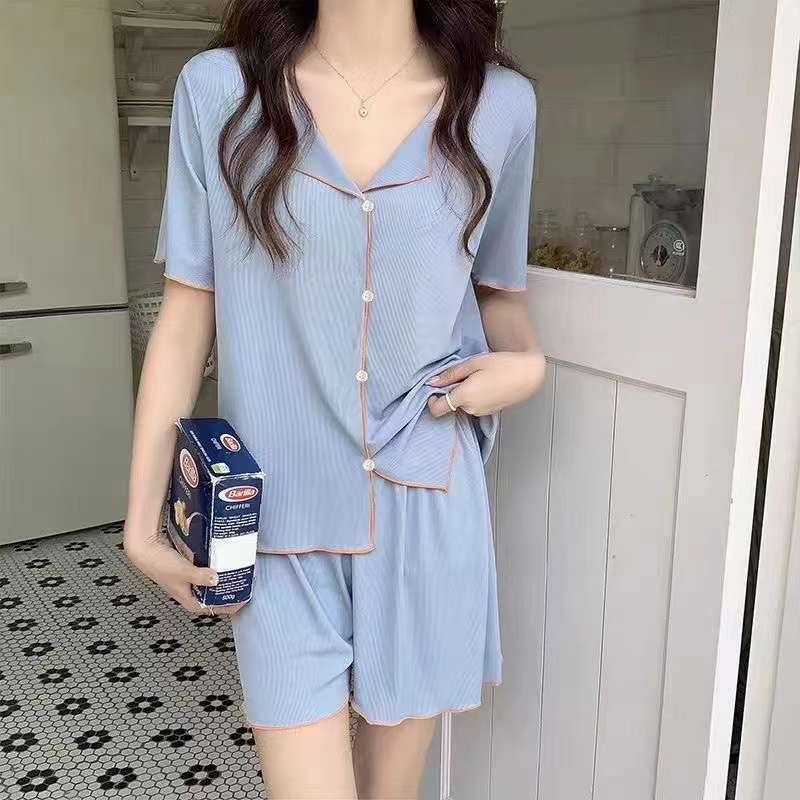 B642-Cherry print long-sleeved lapel pajamas for women, can be worn as outerwear, two-piece suit