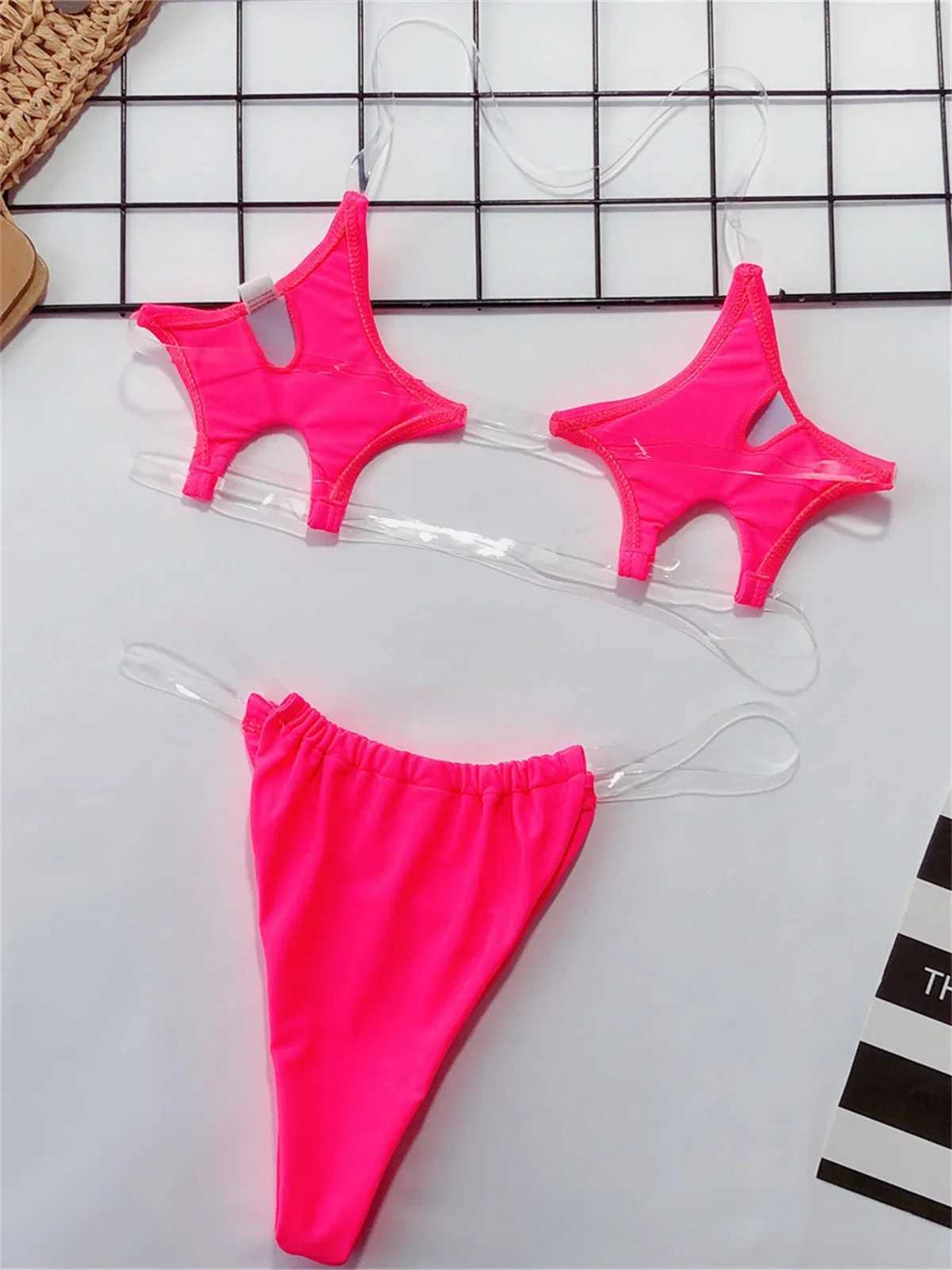 Sexy Micro Bikini 2024 Women Pentagram Design Transparent Swimwear Neon Clear Strap See Through Thong Swimsuit Traje De BaoXJ241223
