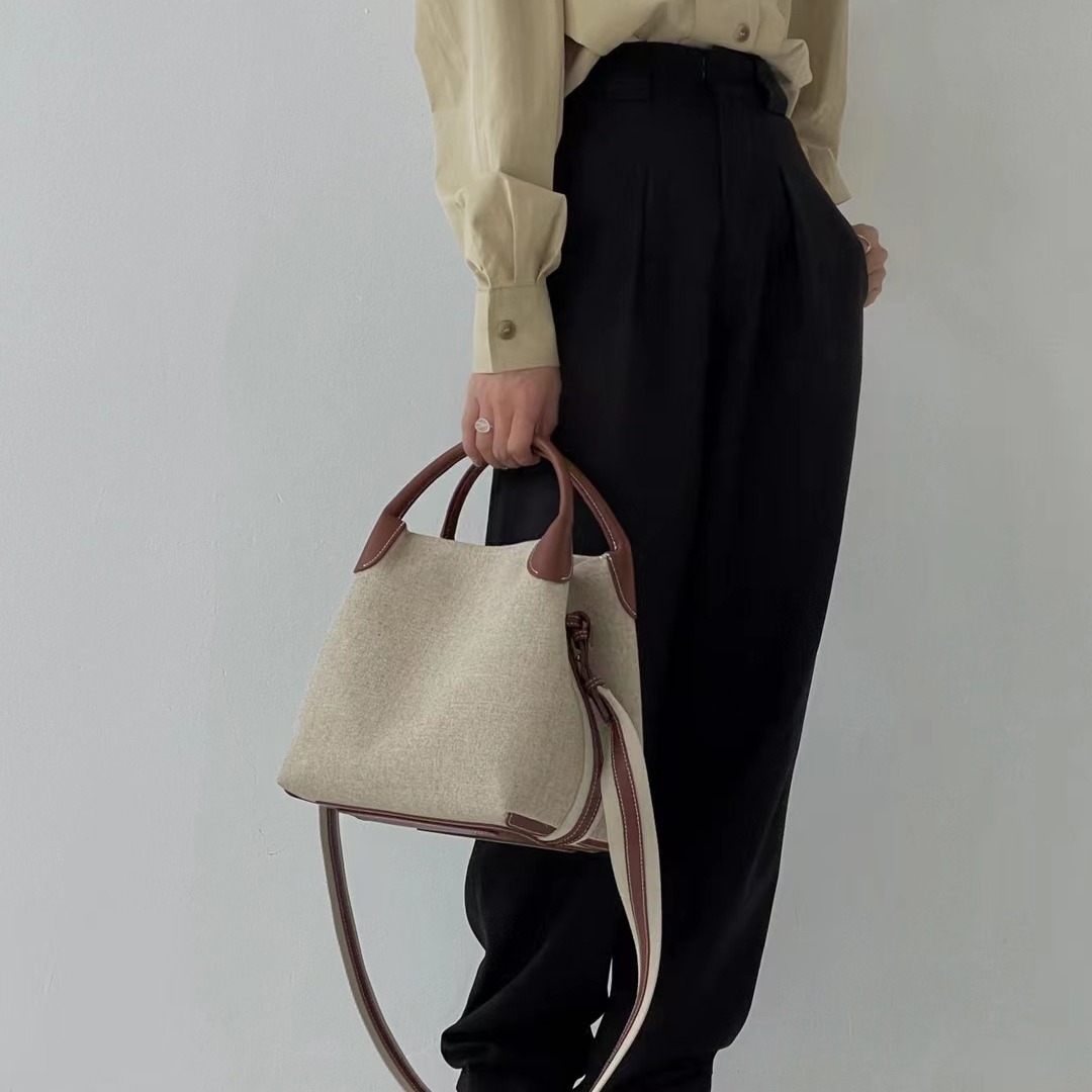 New Brand Cowhide Canvas Large Capacity Bucket Leather Basket Bag Crossbody Purses And Handbags