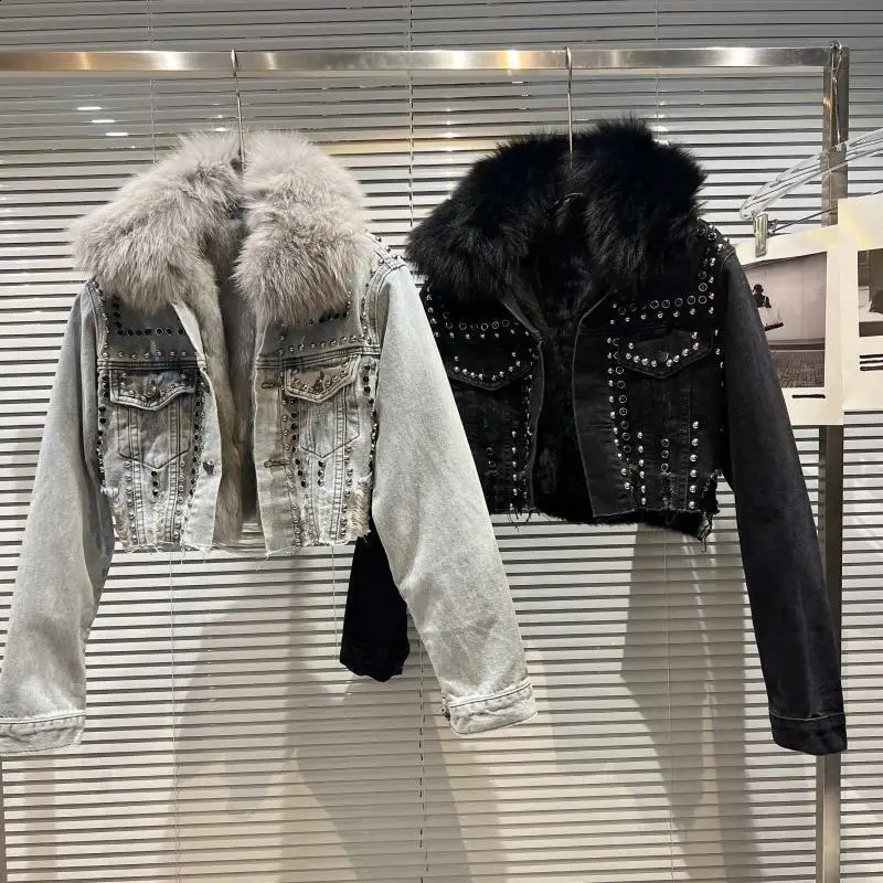 DEAT Winter Arrival Fox Fur Collar Rivet Liner Denim Jacket For Women High Street Single-breasted Short Coat 11A01605 241220