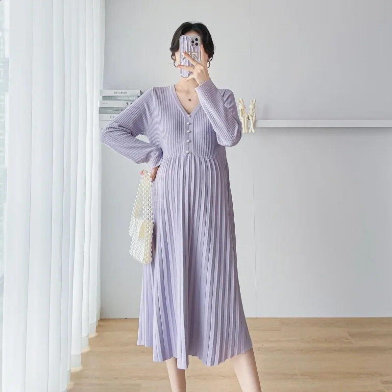 Pregnant Dresses Womens Spring Fashionable V-neck Woolen Maternity Clothes Elegant Chic Solid Color Korean Style 241223