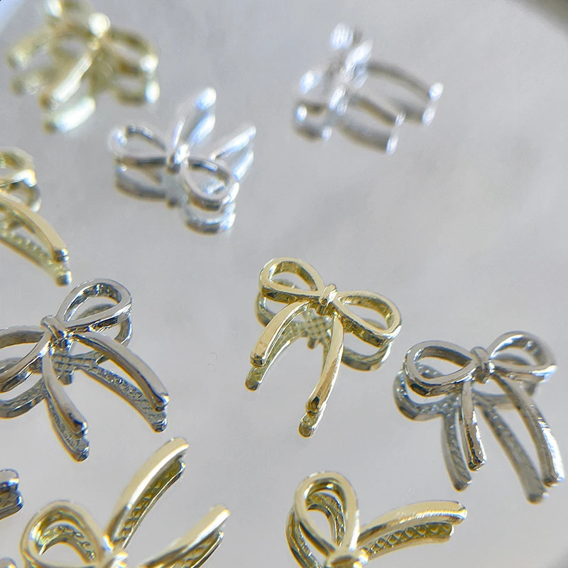 10pcs Bow Deco Nail Art Charm 3D SilverGold Bowknot Ribbon Nail Decor Parts DIY Manicure Accessories 241223