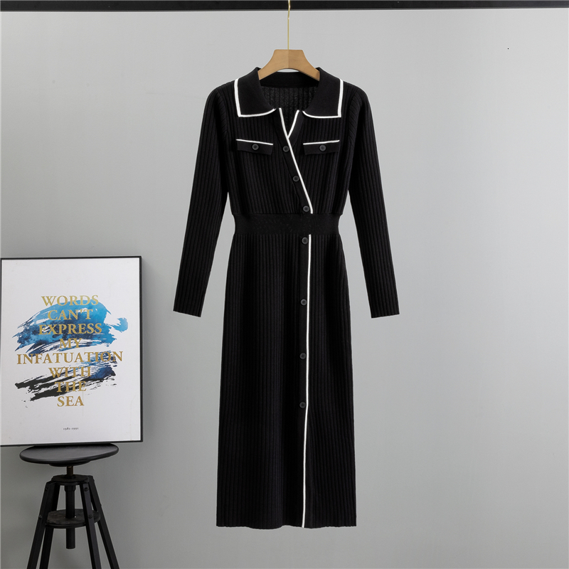 new Autumn New Women's Knitted Fashion Flip Collar Single Breasted Long Sleeved Slimming Temperament Dress