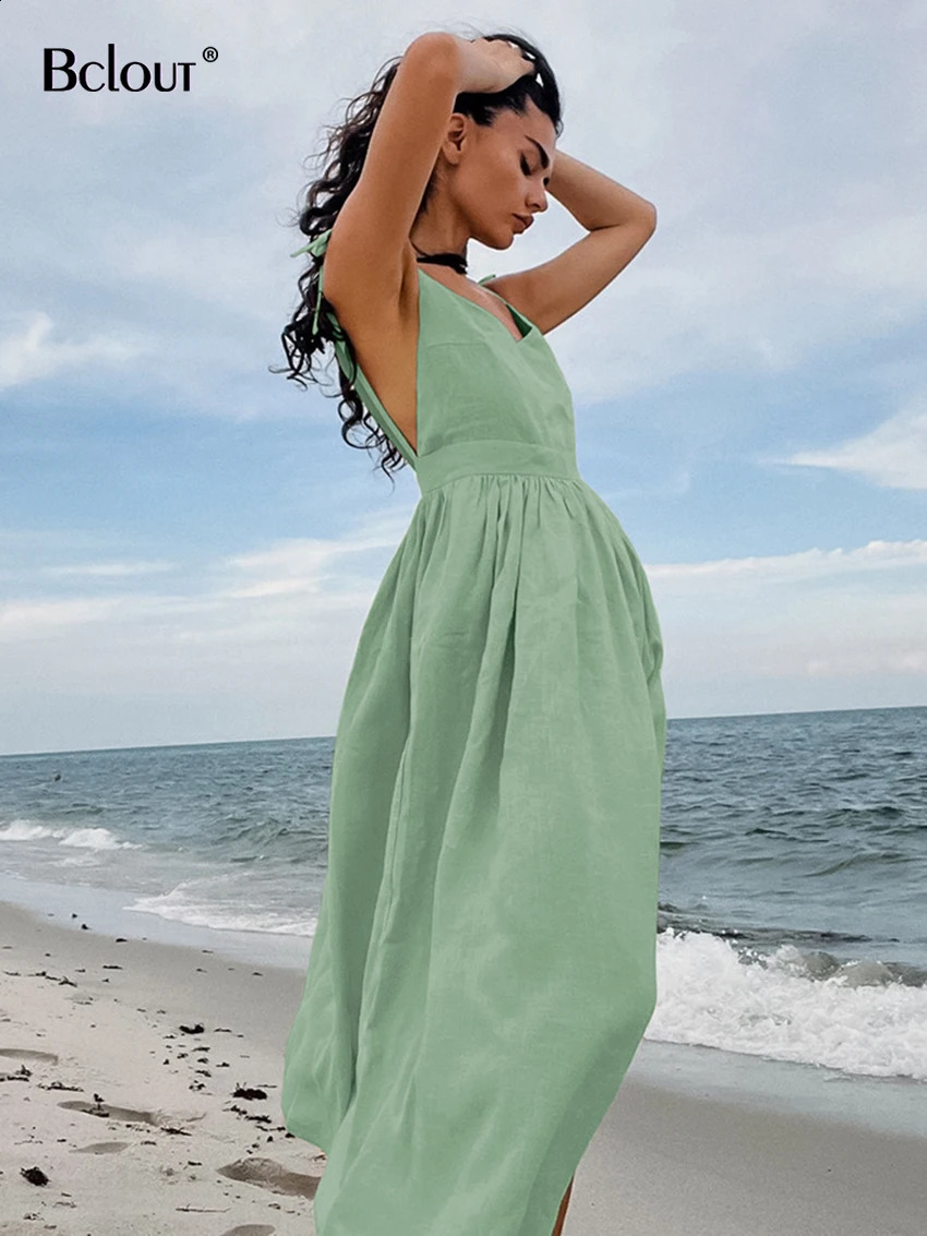 Bclout Fashion Brown Linen Long Dress Women 2024 Elegant Lace-Up Pockets A-Line Dresses Summer Sexy Backless Party Pleated Dress 241223