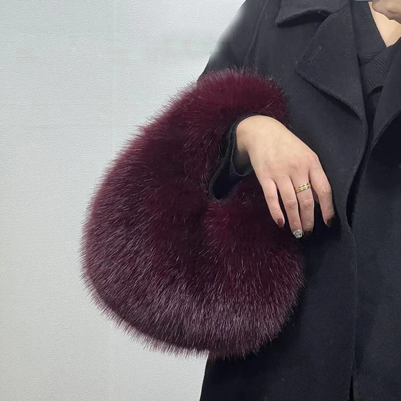 Fashion Soft Plush Half Moon Bags for Women Fluffy Faux Fur Lady Handbags Small Tote Female Winter Purses 241213