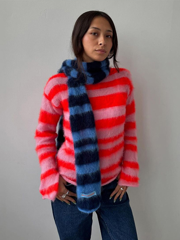 Mohair Striped Sweater Women Contrast Color Knitted O-Neck Long Sleeve Loose Chic Pullover Female Winter New Top Pollover