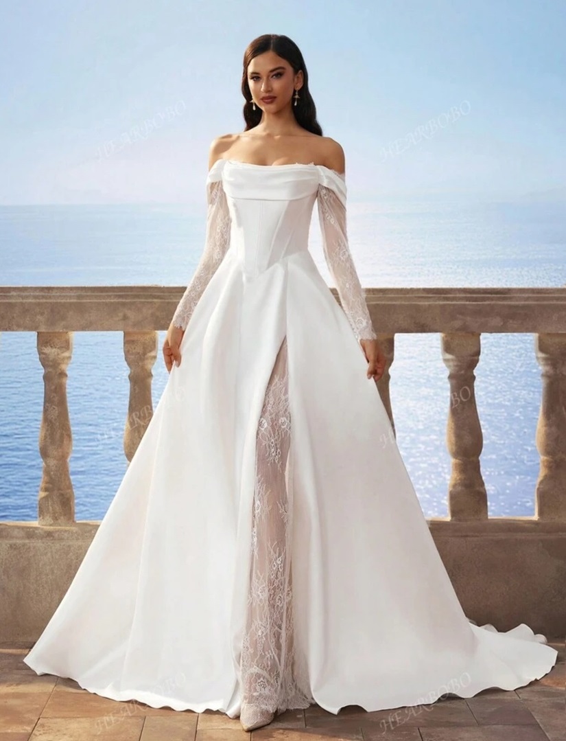 Custom Premium Soft Satin Bandeau Wedding Dress Detachable Trailing Lace Long Sleeve Wedding Bridal Dress