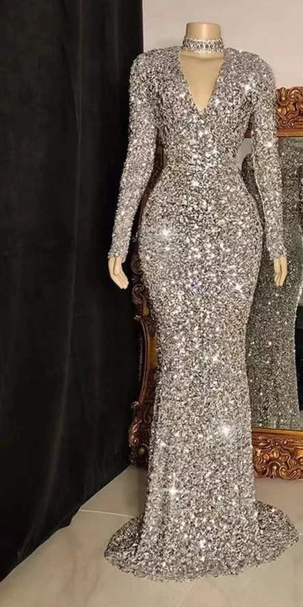 Customized Women Gray V Neck Long Sleeve Sequin Dress Elegant Evening Dress Party Maxi Dress Ladies Trailing Dresses 241217