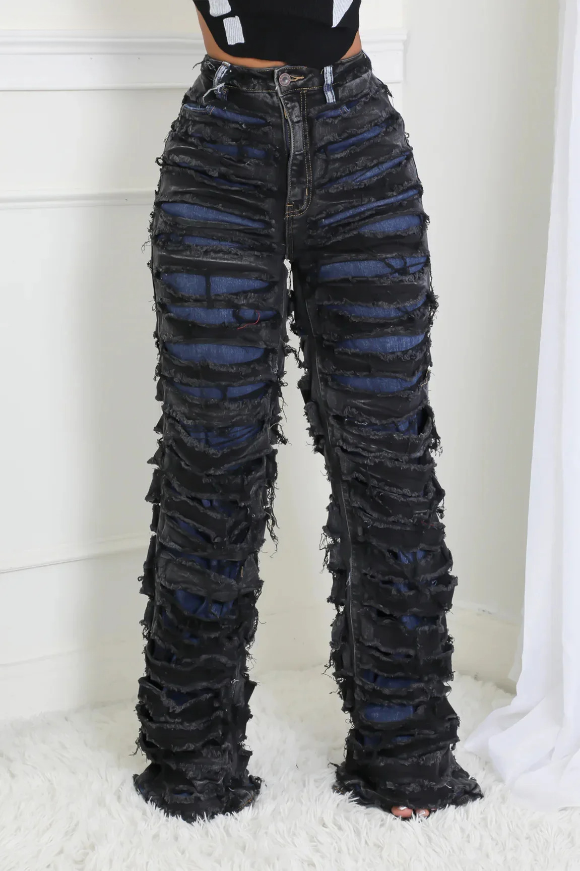 Street Denim Women Ripped Out Striped High Waist Zipper Jeans Fall Trousers Streetwear Straight Party Pants