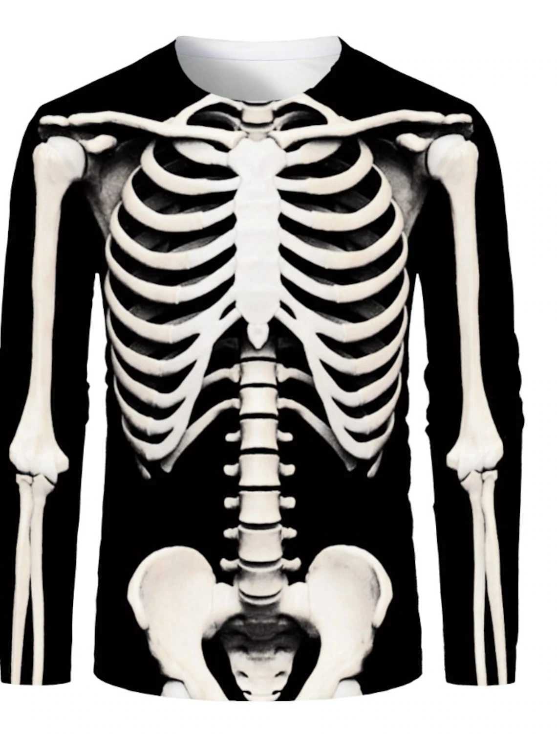 High Quality Mens Fashion Full Body Skeleton 3D Printed T-shirt Retro Halloween Costume Simple Modern Street Running Fitness Long Sleeve T241223