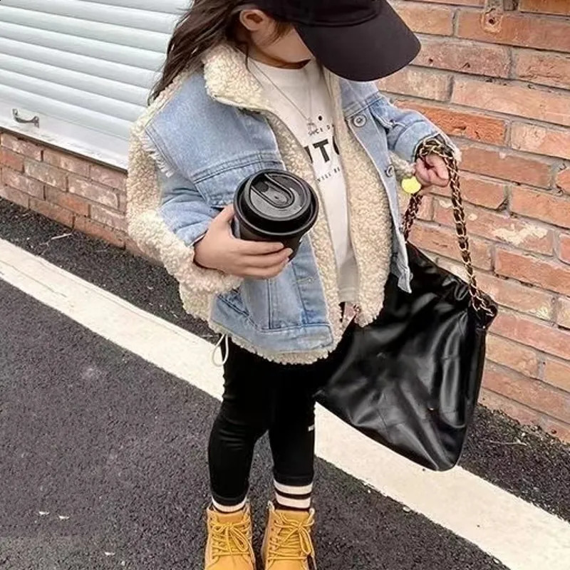 Girls Jacket Fleece Denim Thickness Kids Coats Children Outerwear Autumn Spring 23-A19 241223