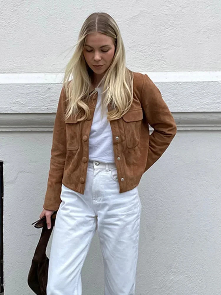 Womens Brown Long Sleeves Short Jackets Vintage Single Breasted With Pocket Cropped Coats 2024 Lady Fashion High Streetwear 241223