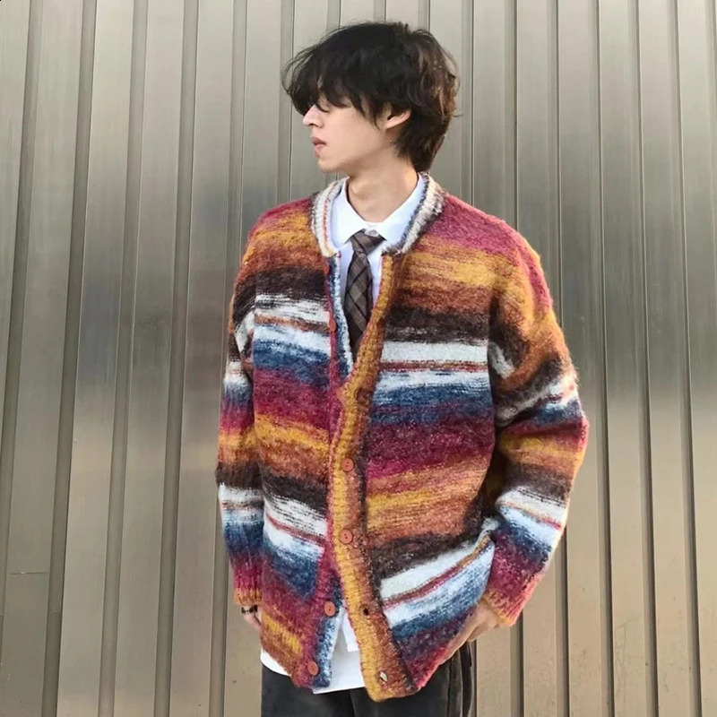 FEWQ American Contrasting Cardigan Sweater Knitted Mens Loose High Street Jacket Trendy Contrast Color Male Tops 24E1955 241223