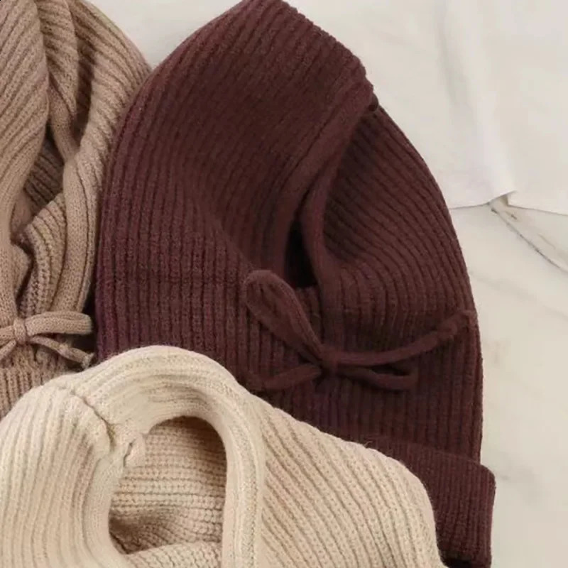 Knitted Hooded Caps Winter Balaclava Hats Women Korean Style Outdoor Warmer Drawstring Hats One-piece Neck Collar Beanies Cap 241214