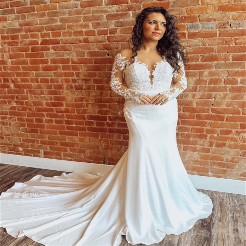 Elegant Lace Mermaid Wedding Dresses Long Sleeve Plus Size Bridal Dress Court Train Satin Country Bride Dress Gelinlik Robe De Mariage Backless Vestio