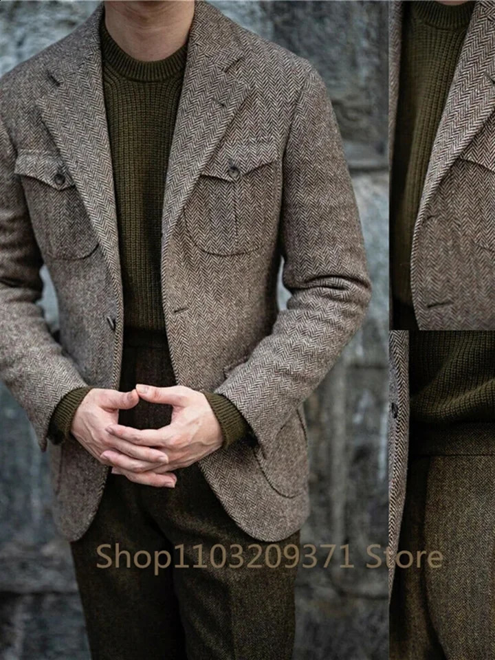 1 Piece Brown Business Suits Men Herringbone Notch Lapel Tuxedo Wedding Prom Party Grooms Blazer Masculino 241218