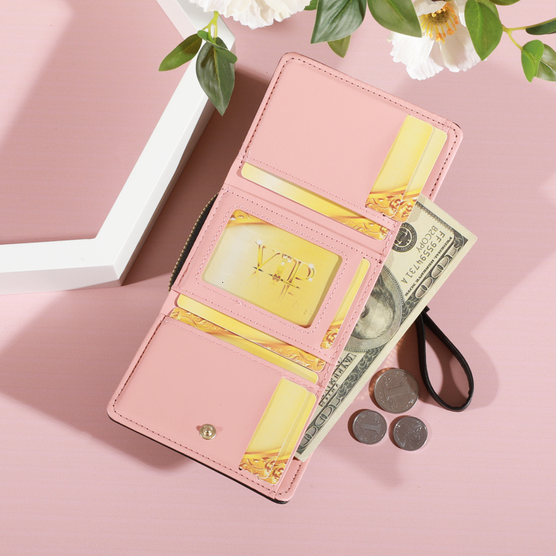 New Tri Fold Ladies Wallet With Wristlet- Snap Closure, Multiple Zip Pockets, Casual Style Credit Card Holder For Women