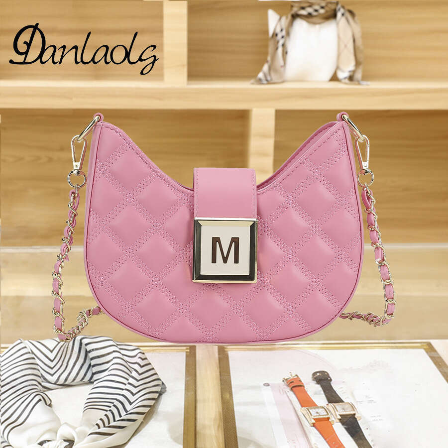Women's New Moon Chain Dia Grid Red Same Style Armpit Bag