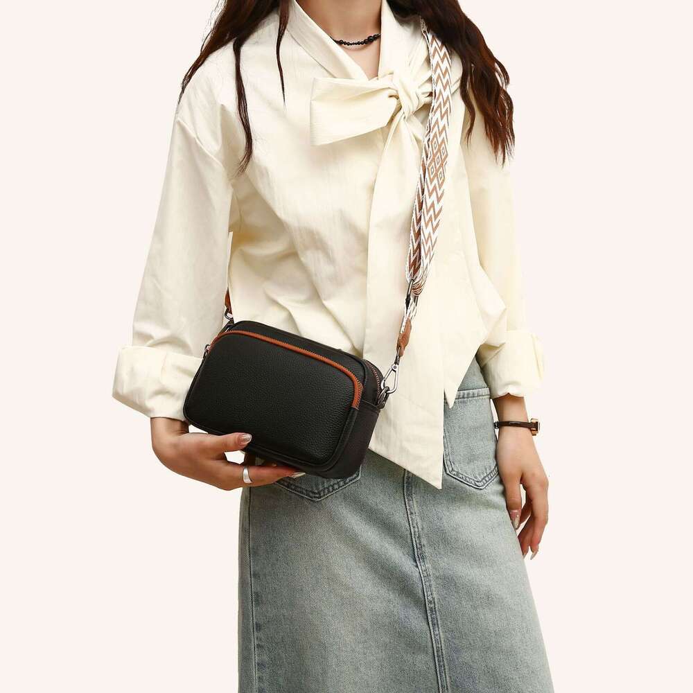 Genuine leather simple contrasting color small square fashionable and versatile crossbody bag, top layer cowhide texture women's bag