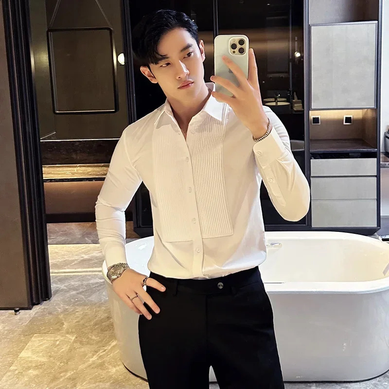 Groom Wedding Party Dress Shirt Mens Fashion Pleated Slim Fit Shirt Men Formal Long Sleeved Social Business Tailcoat 241223