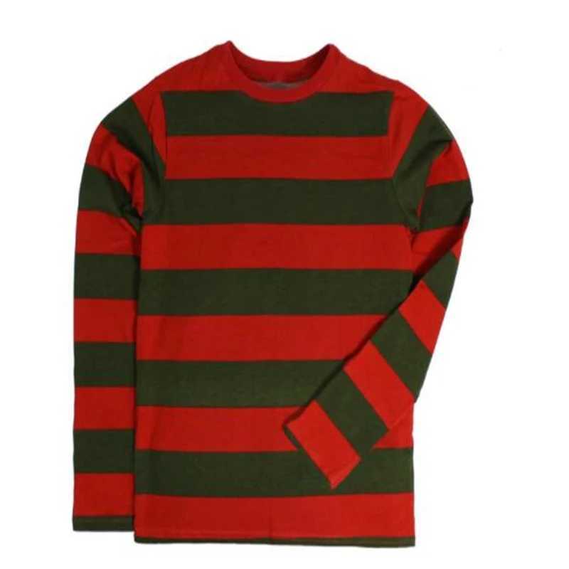 New Arrival Mens fashion casual horizontal striped pajamas long sleeved olive and red striped shirt Freddie Kruger loose fitting clothes Z241223