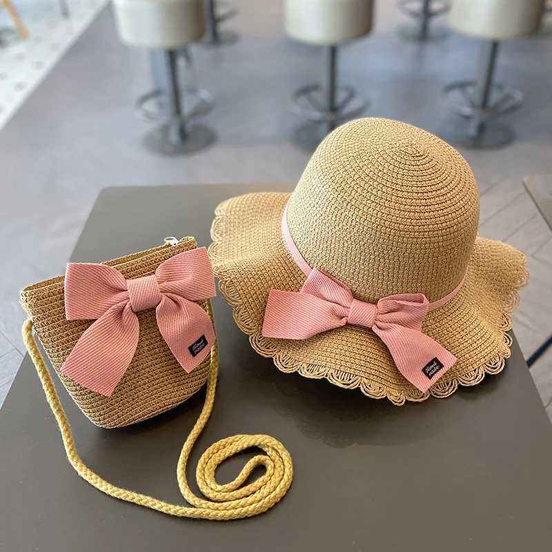 Caps Hats Summer Girl Beach Sun Hat Lotus Leaf Brim Cute Squeezing Eyes Bow Outdoor Sun Protection Children Straw Hat Children H241223